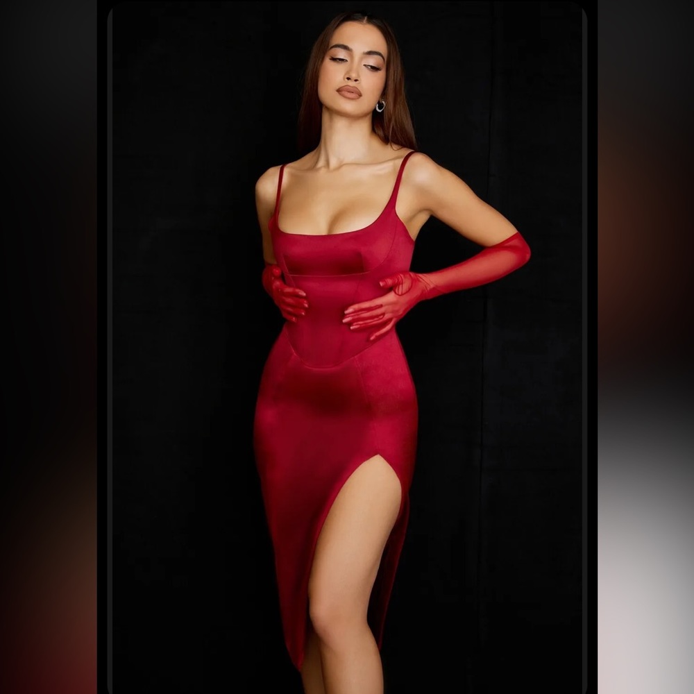 HOUSE OF CB 'Casimira' Wine Satin Corset Midi Dress /Size S-US 4-6